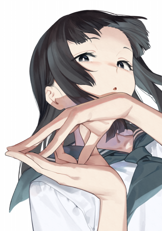 1girl, black_eyes, black_hair, black_neckerchief, black_sailor_collar, bright_pupils, close-up, cropped_arms, cropped_head, cropped_torso, hime_cut, long_hair, looking_at_viewer, muchi_maro, neckerchief, open_mouth, sailor_collar, school_uniform, seitokai_nimo_anawa_aru!, sidelocks, terui_arisu, white_background, white_pupils