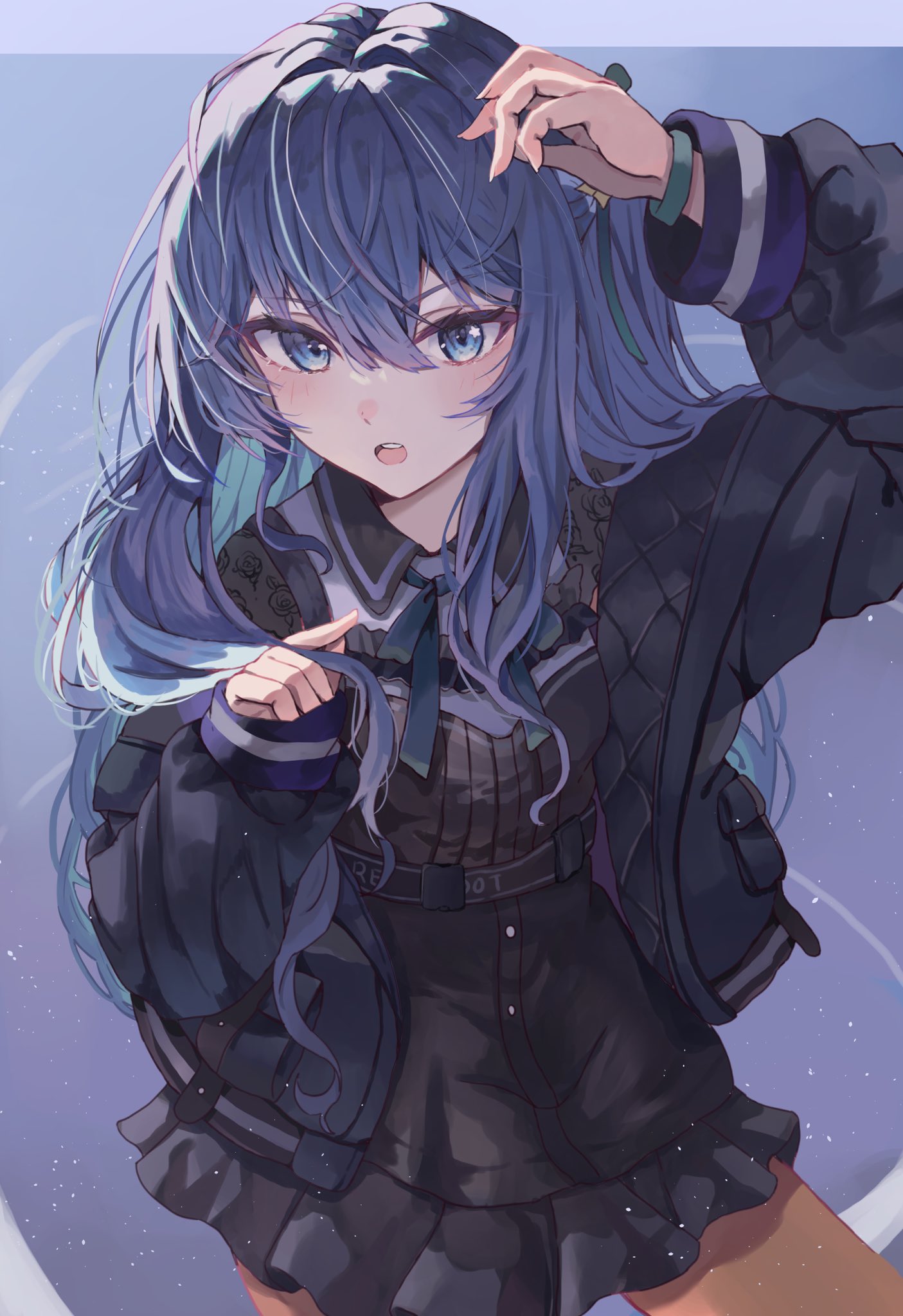 1girl, arm_up, black_dress, black_jacket, blue_eyes, blue_hair, collared_dress, commentary, double-parted_bangs, dress, frilled_dress, frills, hair_between_eyes, highres, holding_own_hair, hololive, hoshimachi_suisei, hoshimachi_suisei_(3rd_costume), jacket, light_blush, light_particles, long_hair, long_sleeves, looking_at_viewer, official_alternate_costume, official_alternate_hairstyle, one_side_up, open_clothes, open_jacket, open_mouth, orange_pantyhose, pantyhose, puffy_long_sleeves, puffy_sleeves, purple_background, simple_background, solo, teeth, tenpura_noraneko, upper_teeth_only, virtual_youtuber