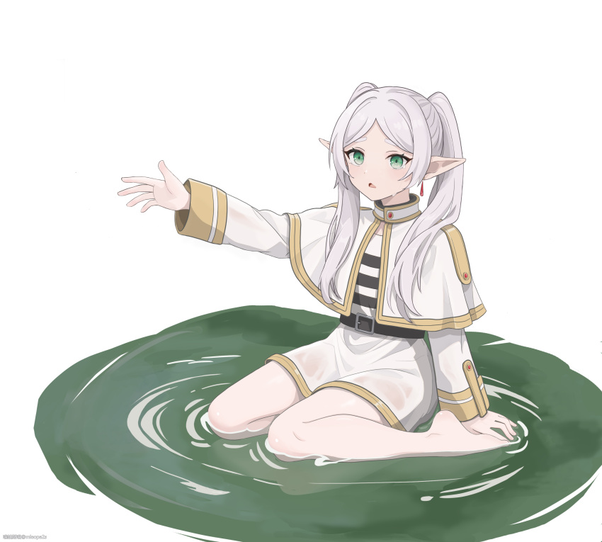 1girl, absurdres, barefoot, capelet, commentary_request, earrings, elf, frieren, green_eyes, hand_up, highres, jewelry, long_hair, miaopa2s, pointy_ears, puddle, shirt, sitting, skirt, solo, sousou_no_frieren, striped, striped_shirt, twintails, wariza, wet, wet_clothes, white_capelet, white_hair, white_skirt