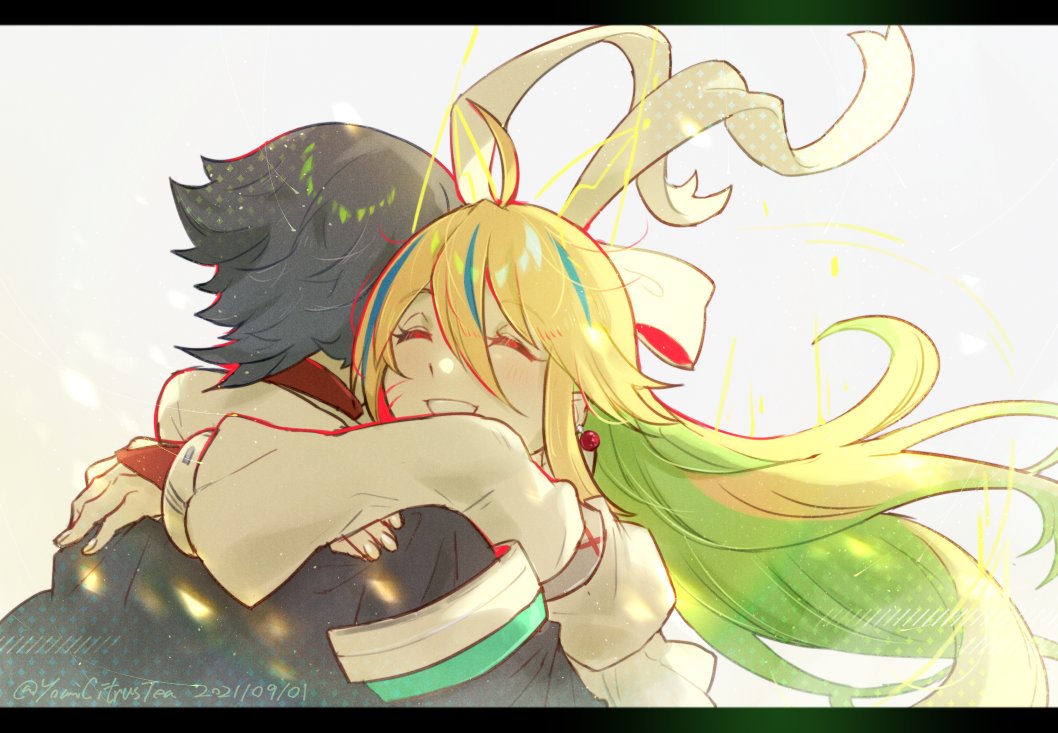 1boy, 1girl, ahoge, black_hair, blaster_master_zero, blaster_master_zero_3, blonde_hair, bow, cape, closed_eyes, dated, earrings, eve_(blaster_master_zero), hair_bow, hug, jason_frudnick, jewelry, letterboxed, long_hair, multicolored_hair, scar, scar_on_cheek, scar_on_face, smile, streaked_hair, twitter_username, youmicitrustea
