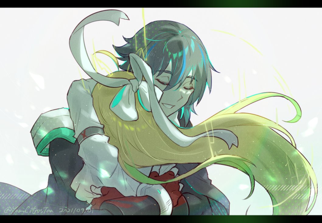 1boy, 1girl, ahoge, black_hair, blaster_master_zero, blaster_master_zero_3, blonde_hair, bow, cape, closed_eyes, dated, eve_(blaster_master_zero), fingerless_gloves, gloves, hair_bow, hug, jason_frudnick, letterboxed, long_hair, multicolored_hair, smile, streaked_hair, twitter_username, youmicitrustea