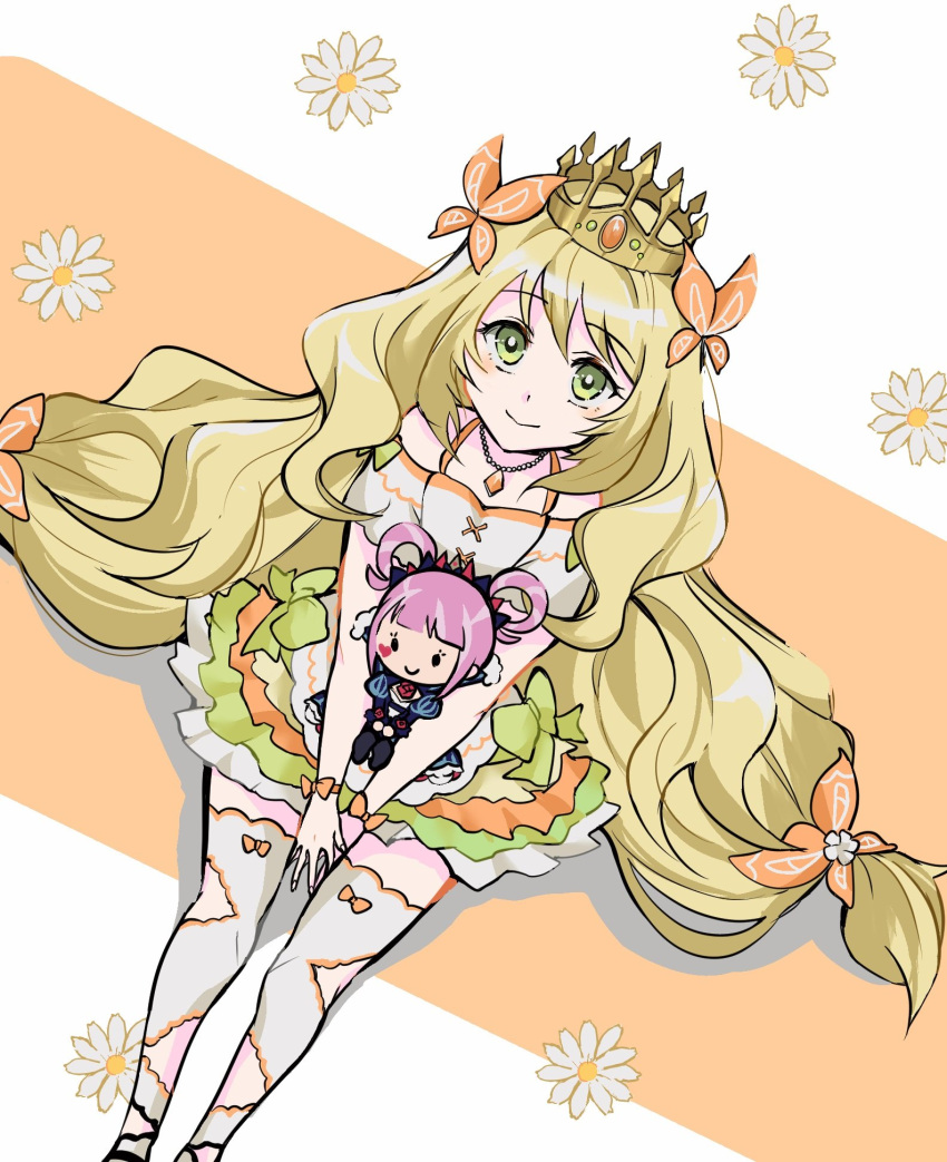 1girl, blonde_hair, bow, butterfly_hair_ornament, celine_(fire_emblem), character_doll, crown, doll