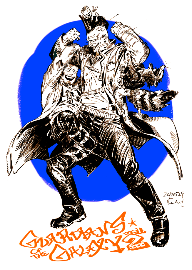 2boys, animal, arms_up, bald, blue_background, boots, coat, commentary