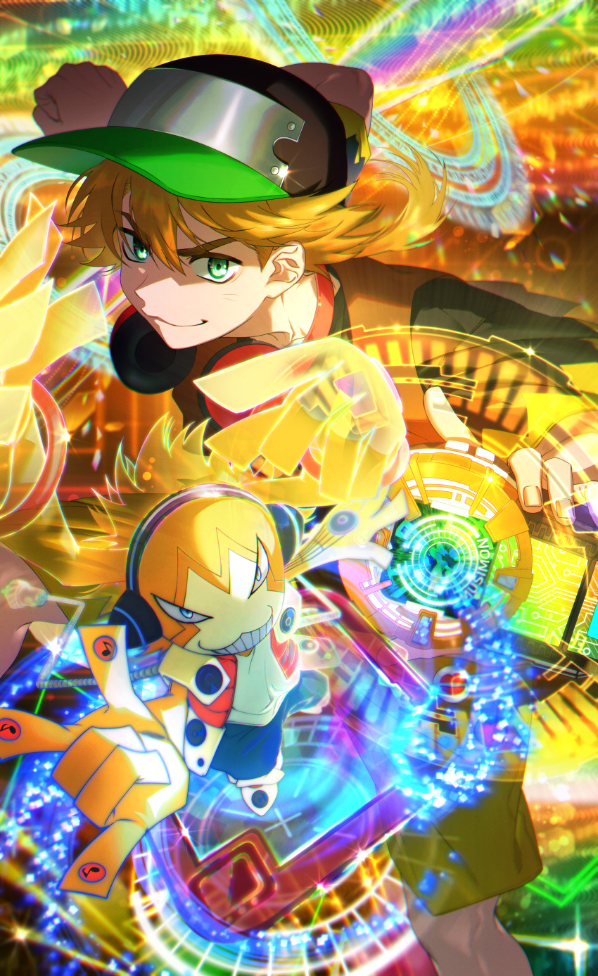 1boy, \m/, absurdres, asuka_torajirou, baseball_cap, blonde_hair, blue_eyes, character_name