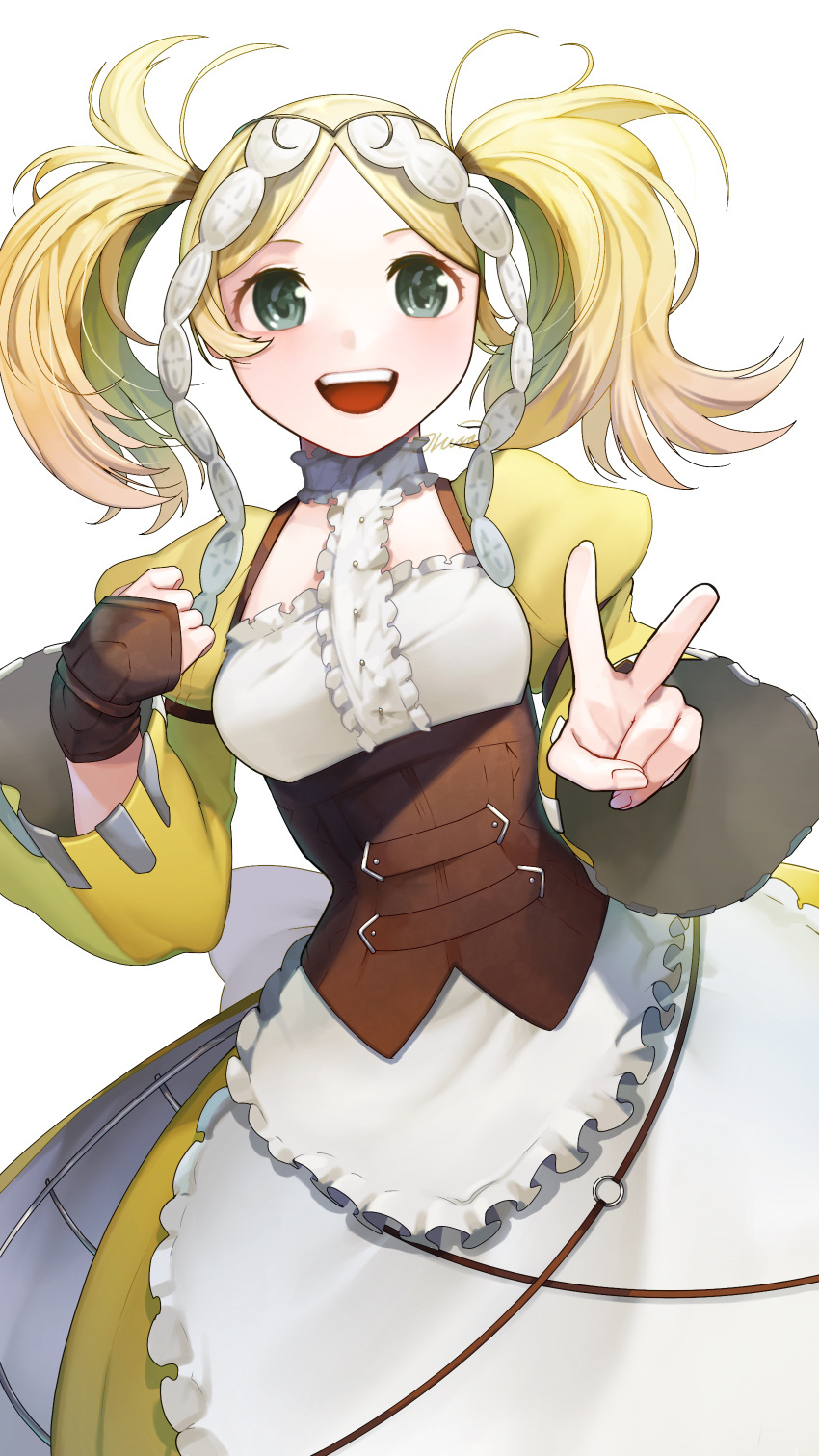1girl, :d, absurdres, apron, blonde_hair, brown_gloves, commentary_request, dress, fingerless_gloves, fire_emblem, fire_emblem_awakening, gloves, green_eyes, headdress, highres, ikura_(downdexp), lissa_(fire_emblem), long_sleeves, looking_at_viewer, open_mouth, single_glove, smile, solo, teeth, twintails, upper_teeth_only, v, white_apron, white_background, white_headdress, yellow_dress