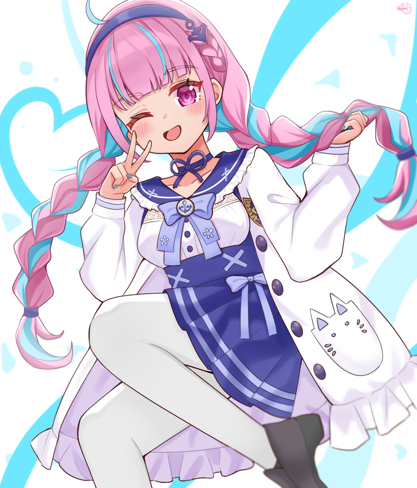 1girl, absurdres, ahoge, anchor_hair_ornament, black_footwear, blue_choker, blue_hair, blue_headband