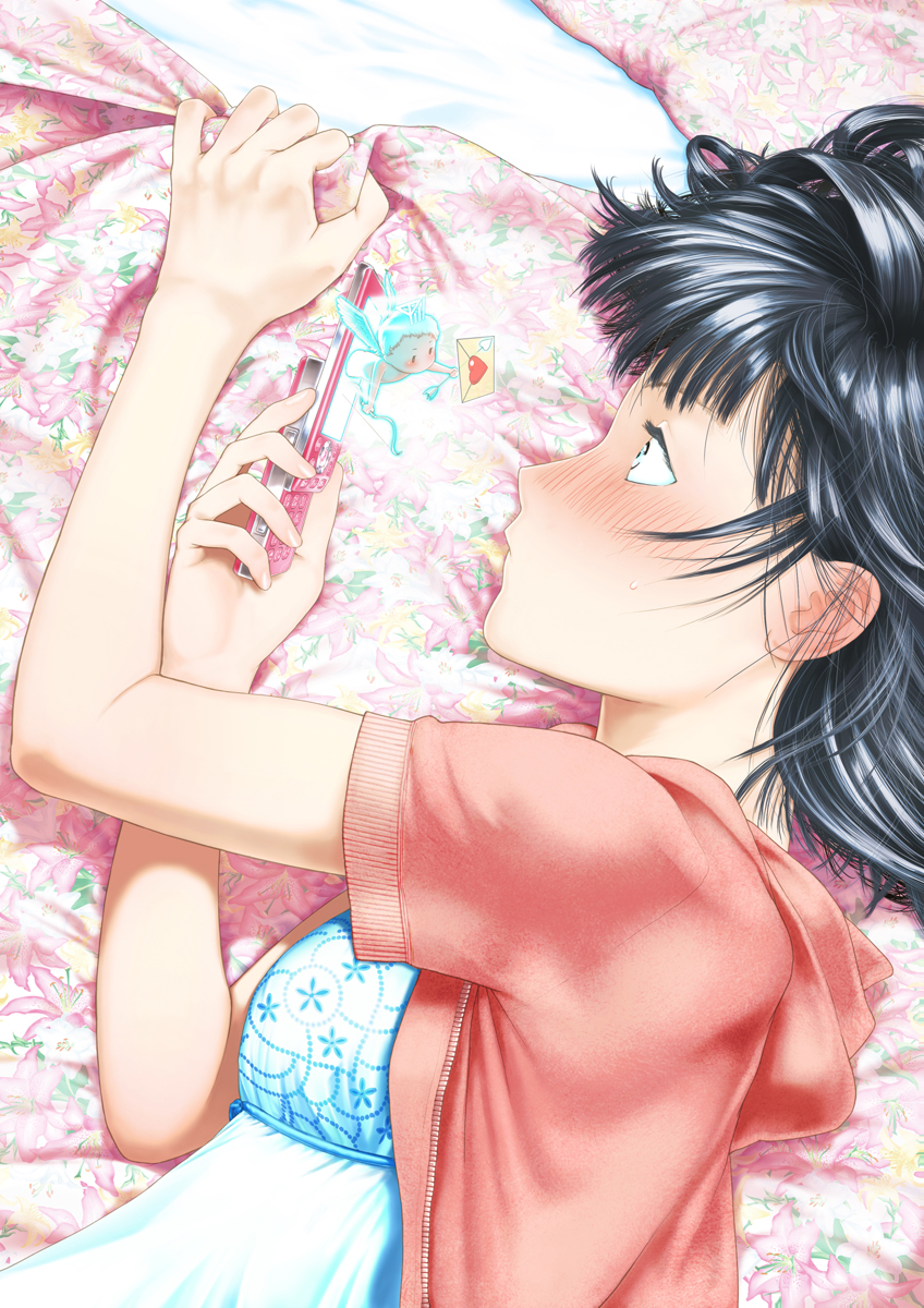 blue_eyes, blush, cupid, hands, highres, kagijou_urushi, kagijoushitsu, lying