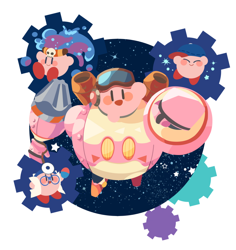 arm_up, baseball_cap, black_eyes, blue-framed_eyewear, blue_headband, blue_headwear, blush_stickers, brown-framed_eyewear, clenched_hand, closed_mouth, coat, colored_skin, commentary_request, copy_ability, doctor_kirby, dual_persona, esp_kirby, flower, gears, glasses, goggles, goggles_on_headwear, hat, hat_ornament, head_mirror, headband, helmet, hitofutarai, holding, holding_pill, kirby, kirby:_planet_robobot, kirby_(series), lab_coat, mecha, open_clothes, open_coat, open_mouth, pill, pink_headwear, pink_skin, poison, poison_kirby, red_flower, ribbon-trimmed_headwear, ribbon_trim, robobot_armor, robot, round_eyewear, shoes, sideways_hat, skull_hat_ornament, smile, solid_oval_eyes, space, sparkle, star_(symbol), waving, white_background, white_coat