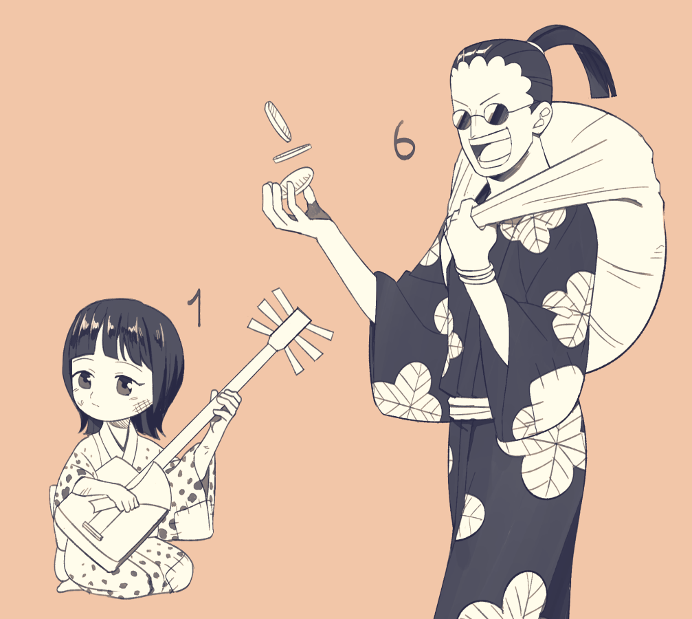 2boys, aged_down, black_hair, closed_mouth, coin, commentary_request, denjirou_(one_piece), hasami_(hasami25)