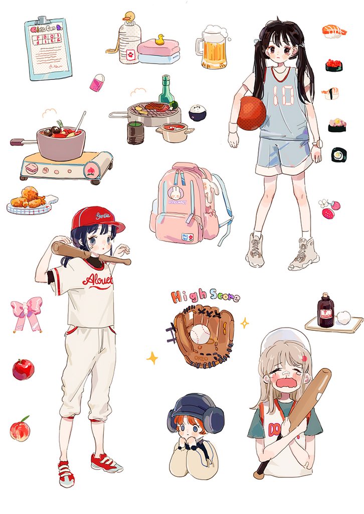 4girls, alcohol, animal_print, apple, aqua_shirt, backpack, bag, bandaid