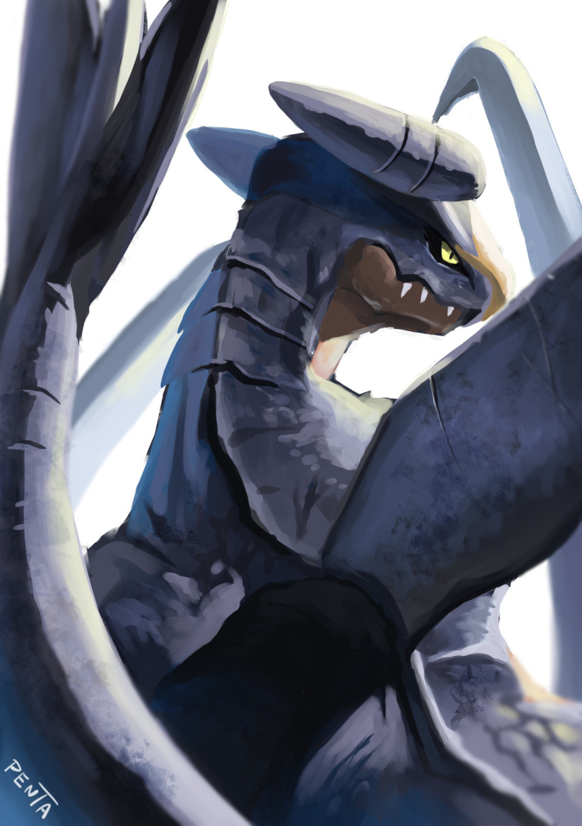 black_sclera, colored_sclera, commentary_request, from_behind, garchomp, highres, no_humans, penta_oekaki