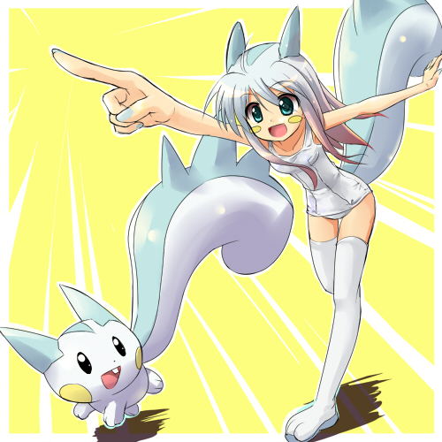 1girl, blush_stickers, foreshortening, gradient_hair, horns, lowres, moemon, multicolored_hair