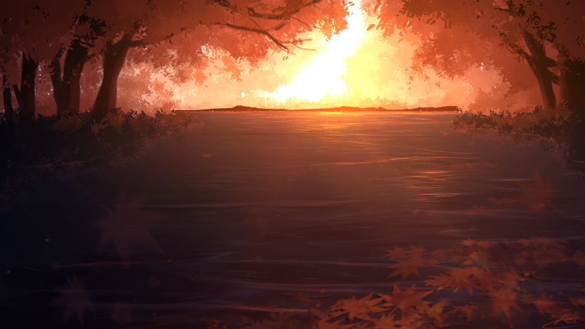 autumn, autumn_leaves, evening, highres, lake, nature, no_humans, original