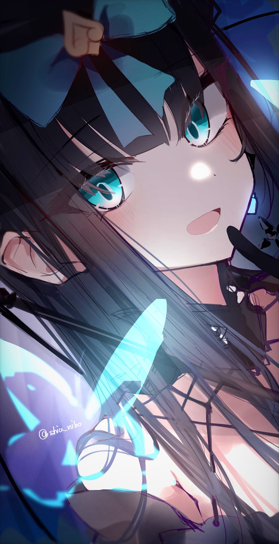 arcaea, bare_shoulders, black_hair, blue_bow, blue_eyes, blush, bow, bug, butterfly, collar, eyelashes, hair_ornament, hand_to_own_mouth, highres, long_hair, nibo_swi, shia_nibo, signature, smile, tairitsu_(arcaea), tairitsu_(tempest)_(arcaea), umbrella