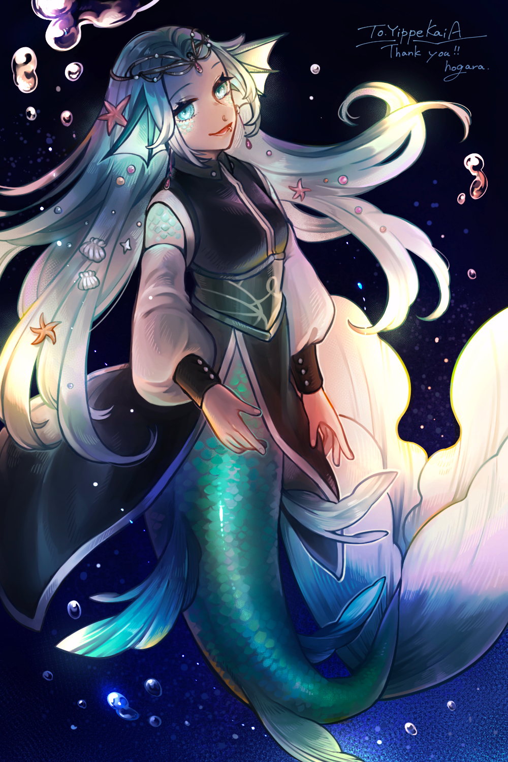 1girl, air_bubble, aqua_eyes, aqua_hair, aqua_scales, blue_background, bubble, detached_sleeves