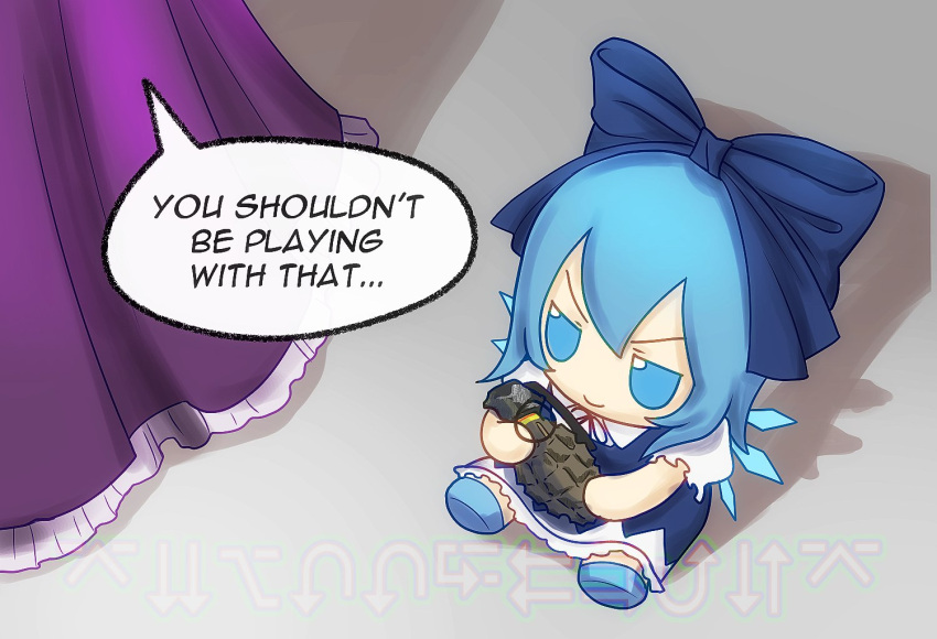 1girl, blue_dress, blue_eyes, blue_hair, bow, ciphertext, cirno, closed_mouth