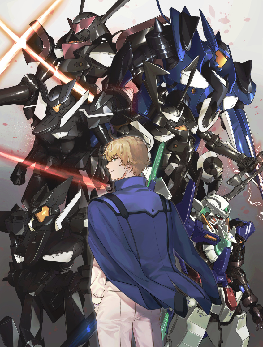1boy, absurdres, armor, assault_visor, black_armor, black_horns, blonde_hair, blue_armor