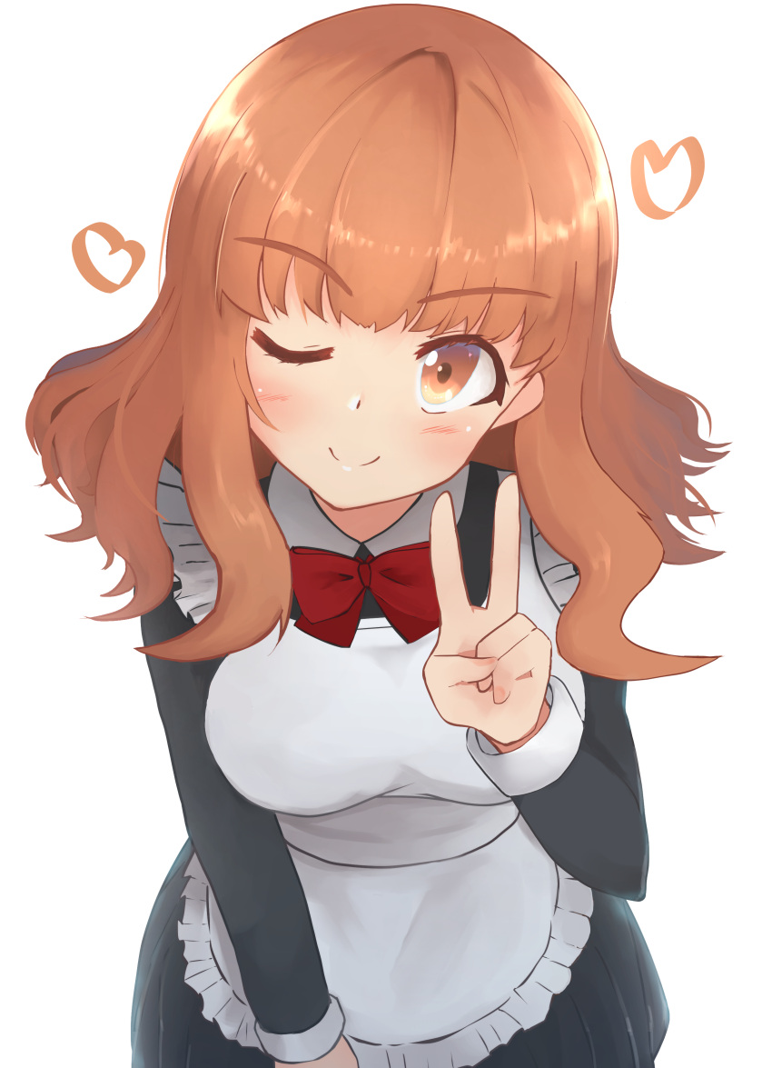 1girl, ;), absurdres, alternate_costume, apron, black_dress, blunt_bangs, bow