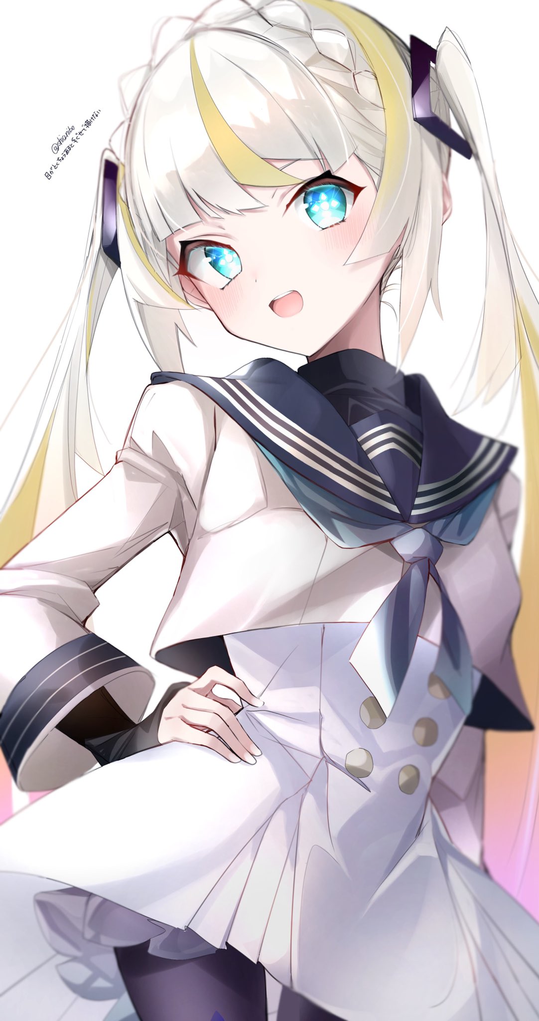 1girl, aqua_eyes, blonde_hair, buttons, coat, eyelashes, facing_viewer, hair_ornament, hands_on_own_hips, highres, looking_at_viewer, magia_(monster_strike), monster_strike, multicolored_hair, nibo_swi, open_mouth, sailor, shia_nibo, signature, skirt, smile, standing, star-shaped_pupils, star_(symbol), symbol-shaped_pupils, twintails, white_hair, white_skirt
