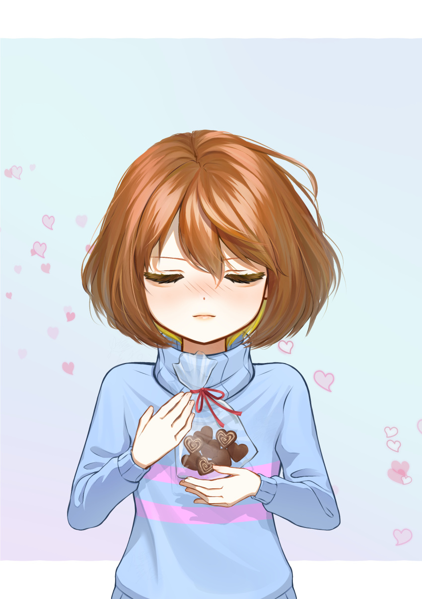 1other, absurdres, androgynous, bag, blonde_hair, blue_background, blue_sweater, blush, bob_cut, border, brown_hair, closed_eyes, closed_mouth, colored_inner_hair, commentary, cookie, double_horizontal_stripe, food, frisk_(undertale), gradient_background, hair_between_eyes, heart, heart-shaped_cookie, highres, holding, holding_bag, holding_cookie, holding_food, letterboxed, lips, loose_hair_strand, multicolored_hair, nose_blush, outside_border, pink_background, pink_sweater, plastic_bag, shio_toukou, short_hair, standing, sweater, turtleneck, turtleneck_sweater, two-tone_hair, two-tone_sweater, undertale, white_border, white_day, wind