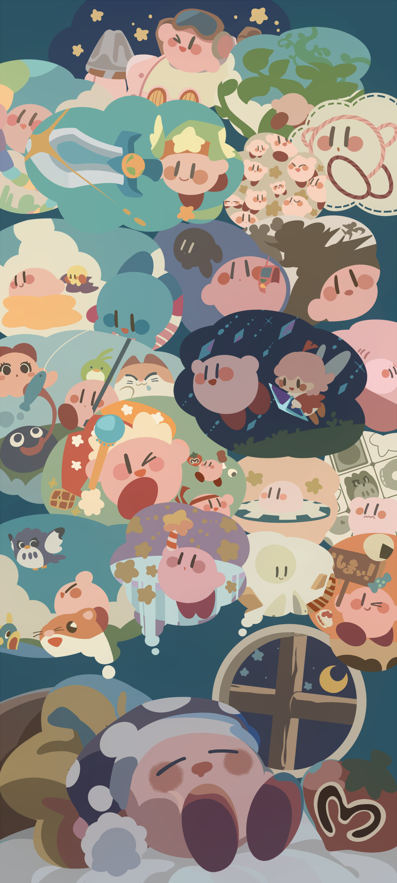 >_o, 2girls, 5others, 6+boys, anniversary, ball_kirby, beam_kirby, black_eyes, blue_footwear, blue_skin, blush_stickers, brown-framed_eyewear, brown_footwear, chuchu_(kirby), colored_skin, commentary_request, coo_(kirby), copy_ability, crescent_moon, daroach, dreaming, dreamstalk, dress, drooling, dual_persona, fairy, fairy_wings, fighter_kirby, flower, food, frilled_hat, frills, from_behind, goggles, goggles_on_head, gooey_(kirby), green_headwear, hair_ribbon, hat, hat_ornament, headband, highres, hitofutarai, holding, holding_crystal, holding_sign, holding_sword, holding_weapon, huge_weapon, indoors, jester_cap, kine_(kirby), kirby, kirby's_adventure, kirby's_dream_course, kirby's_dream_land, kirby's_dream_land_2, kirby's_dream_land_3, kirby's_epic_yarn, kirby's_pinball_land, kirby's_return_to_dream_land, kirby's_star_stacker, kirby:_planet_robobot, kirby:_triple_deluxe, kirby_(series), kirby_64, kirby_air_ride, kirby_and_the_amazing_mirror, kirby_and_the_rainbow_curse, kirby_canvas_curse, kirby_mass_attack, kirby_squeak_squad, kirby_super_star, lying, mecha, meteor_shower, moon, motion_lines, multiple_views, no_humans, on_stomach, one_eye_closed, onigiri, open_mouth, orange_footwear, orange_headwear, oversized_object, palette_swap, pillow, pink_hair, pink_skin, pointy_hat, pom_pom_(clothes), red_dress, red_flower, red_headband, red_headwear, red_ribbon, ribbon, ribbon_(kirby), rick_(kirby), riding, robobot_armor, robot, shadow_kirby, shoes, short_hair, sign, silhouette, sleep_kirby, sleeping, smile, solid_oval_eyes, star_(sky), star_(symbol), star_hat_ornament, star_pillow, star_print, sword, sword_kirby, thought_bubble, tomato, two-tone_headwear, ultra_sword, void_soul, warp_star, weapon, window, winged_hat, wings, yellow_skin