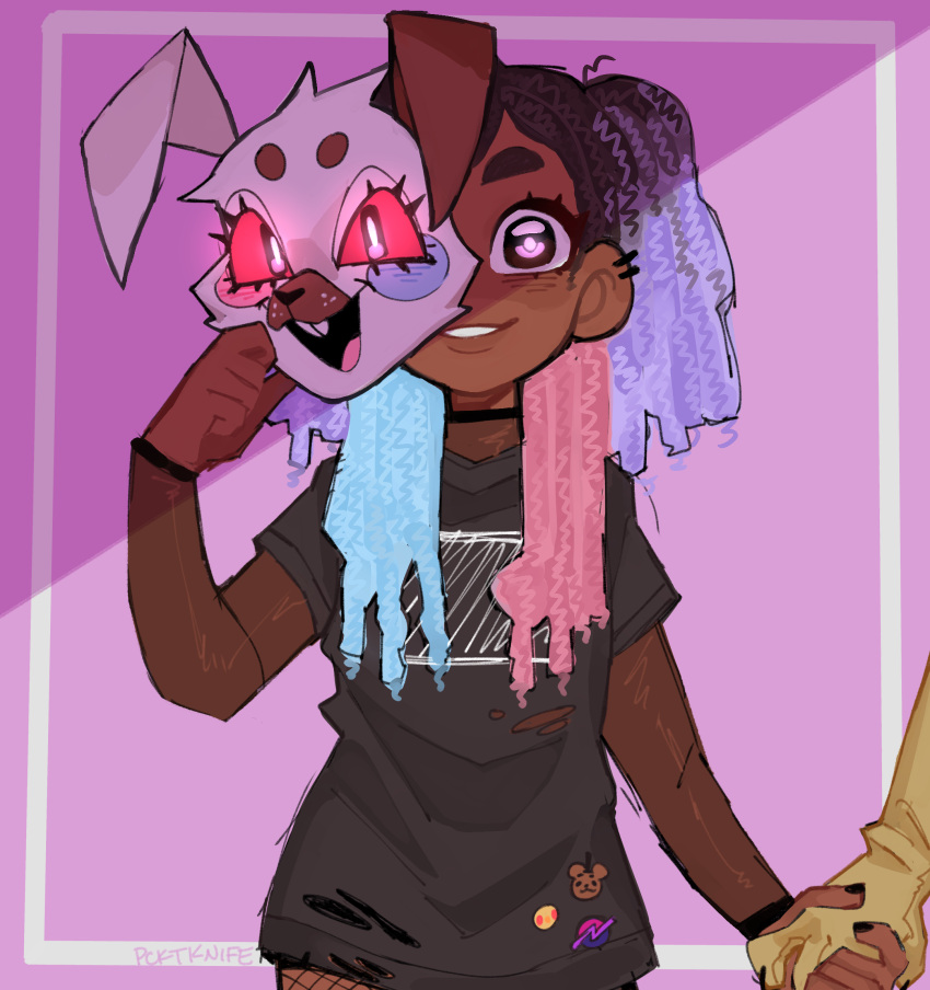 1girl, 1other, artist_name, black_hair, black_nails, black_shirt, blue_hair, character_request, commentary, ear_piercing, fishnet_pantyhose, fishnets, five_nights_at_freddy's, highres, holding, holding_hands, holding_mask, mask, multicolored_hair, original, pantyhose, pcktknife, piercing, pink_hair, purple_hair, see-through, see-through_shirt, shirt, signature, smile, torn_clothes, torn_shirt, two_side_up, vanny_(fnaf), violet_eyes