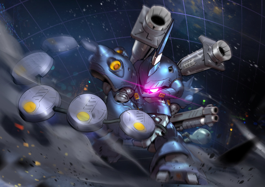 absurdres, blurry, blurry_foreground, chain_mine, chibi, colony_interior, debris, dust_cloud