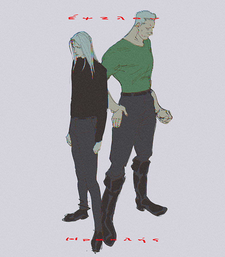 2boys, aktmnk, belt, black_belt, black_footwear, black_pants, black_sweater, epsilon_(pluto)