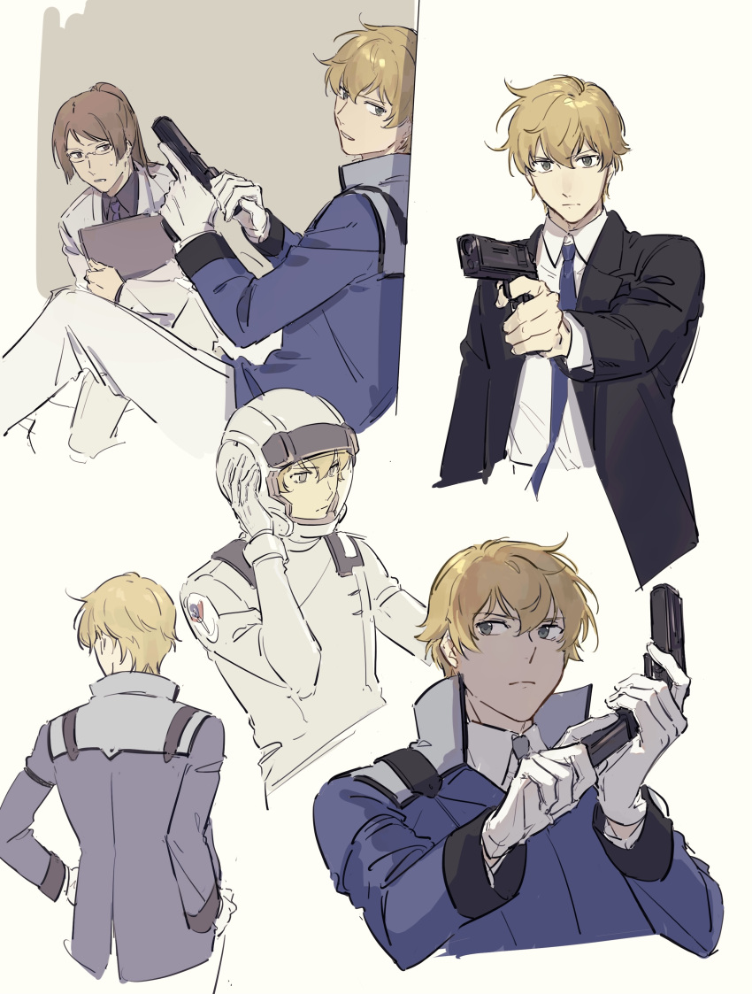 2boys, absurdres, against_wall, aiming, billy_katagiri, black_jacket, blonde_hair, blue_jacket