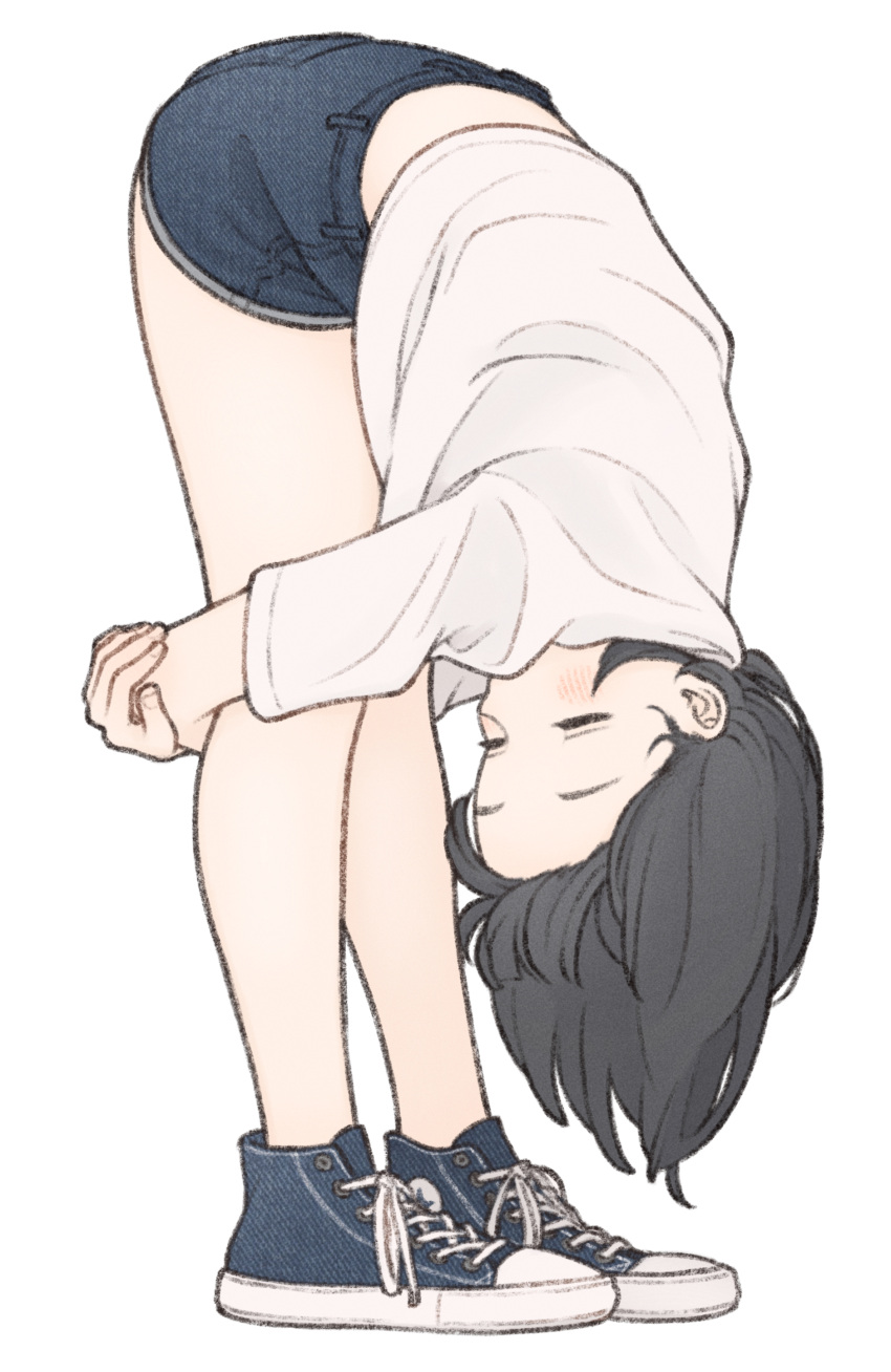 1girl, 1ssakawaguchi, absurdres, bent_over, black_hair, blue_footwear, closed_eyes, converse
