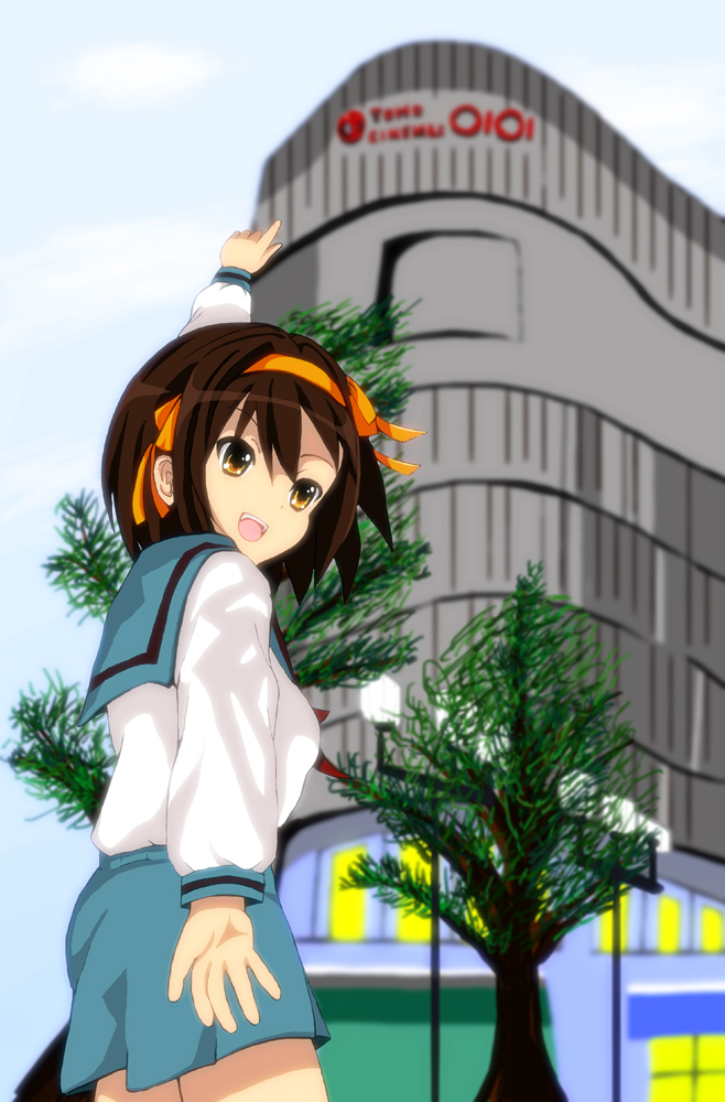 brown_eyes, brown_hair, building, hair_ribbon, hairband, kaiman, pointing, ribbon