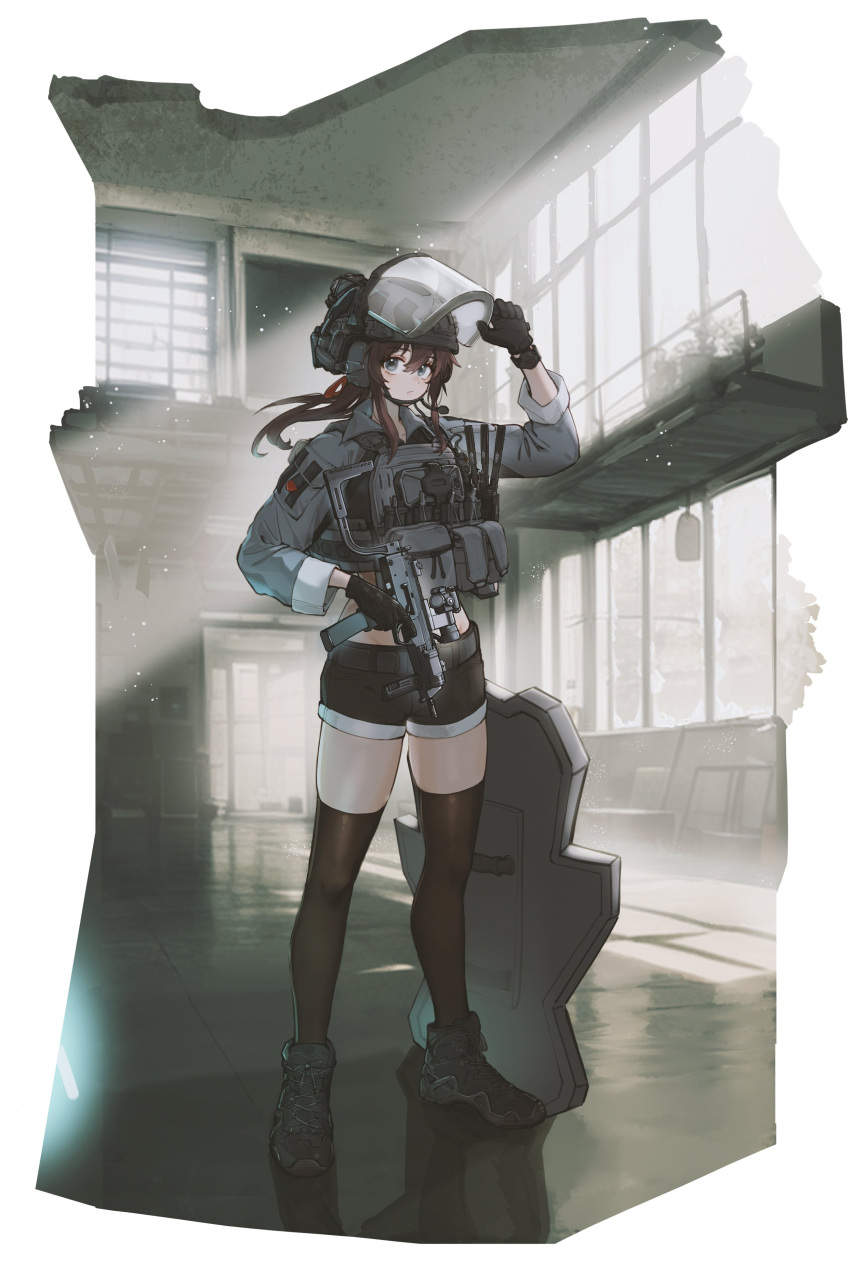 1girl, absurdres, ammunition_pouch, black_footwear, black_gloves, black_shorts, black_thighhighs, blue_eyes