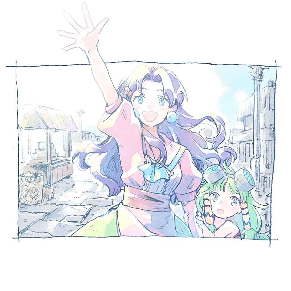 2girls, aged_up, blue_eyes, dress, earrings, goggles, grandia, grandia_i, green_hair, hair_ornament, hair_tubes, jewelry, long_hair, looking_at_viewer, michibata_65, multiple_girls, open_mouth, purple_hair, smile, sue_(grandia), waving