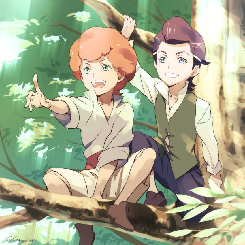 2boys, afro, aged_down, black_hair, dark-skinned_male, dark_skin, dasshu_(dashi_now), favaro_leone, green_eyes, highres, kaisar_lidfald, multiple_boys, pompadour, redhead, shingeki_no_bahamut, shingeki_no_bahamut:_genesis, shorts, smile, tree, vest
