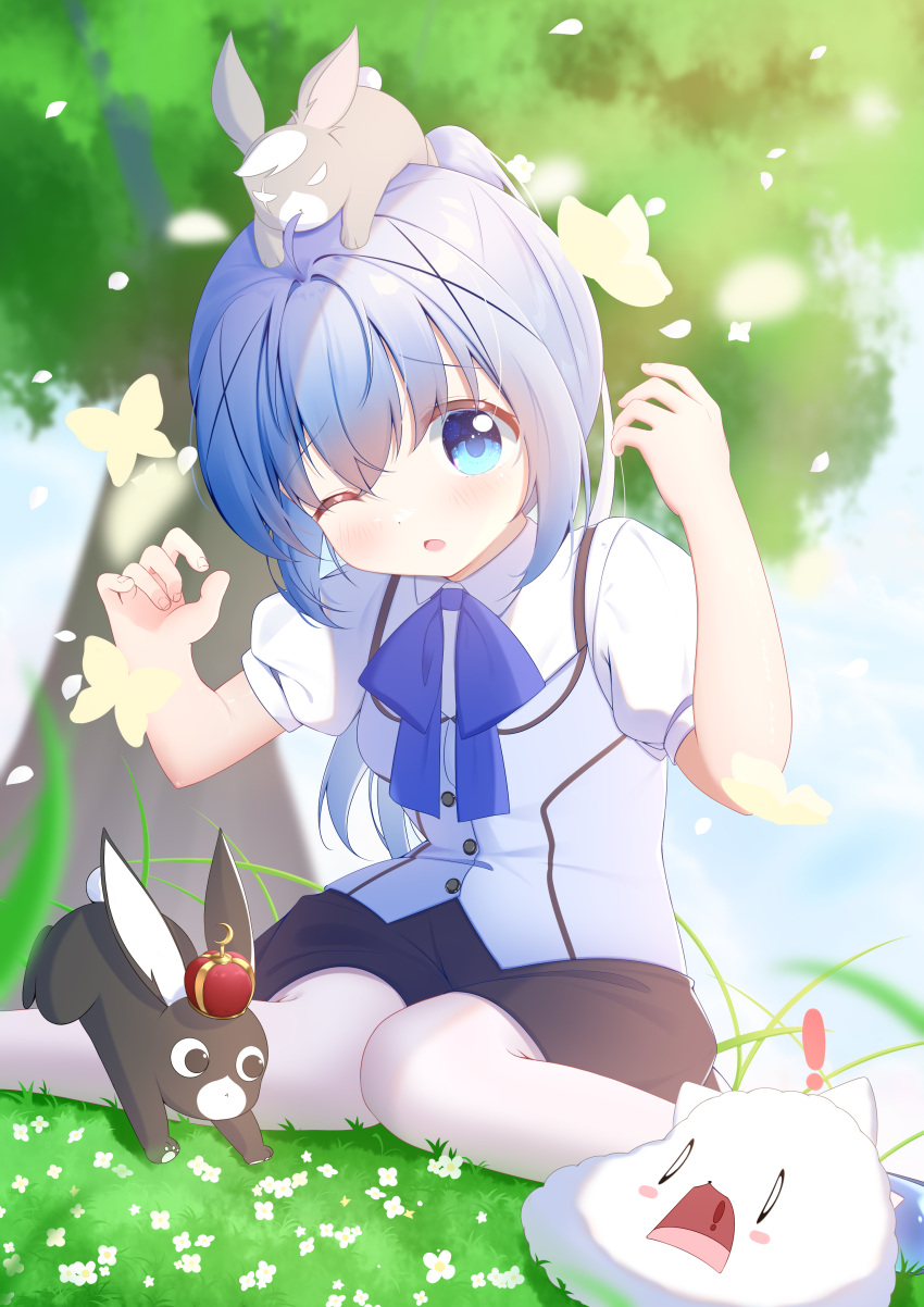1girl, absurdres, alternate_hairstyle, angora_rabbit, animal_on_head, anko_(gochiusa), arms_up, blue_eyes, blue_hair, blue_ribbon, blue_sky, blue_vest, blurry, blurry_background, crown, dian_zhi_sang, gochuumon_wa_usagi_desu_ka?, grass, highres, kafuu_chino, light_blue_hair, light_blush, mini_crown, on_head, one_eye_closed, open_mouth, outdoors, ponytail, puffy_short_sleeves, puffy_sleeves, rabbit, rabbit_house_uniform, rabbit_on_head, ribbon, shirt, short_sleeves, sidelocks, sitting, skirt, sky, tippy_(gochiusa), tree, vest, waitress, wariza, white_shirt, wild_geese