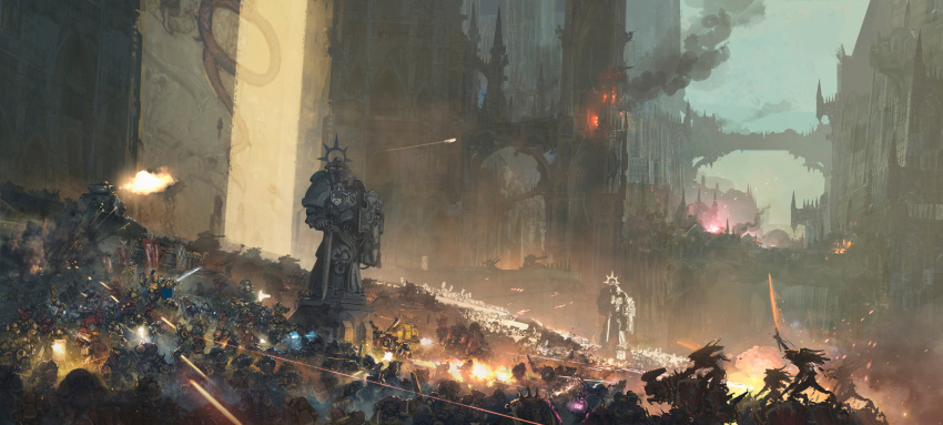6+girls, absurdres, adeptus_astartes, adeptus_custodes, architecture, armor, artillery, battle