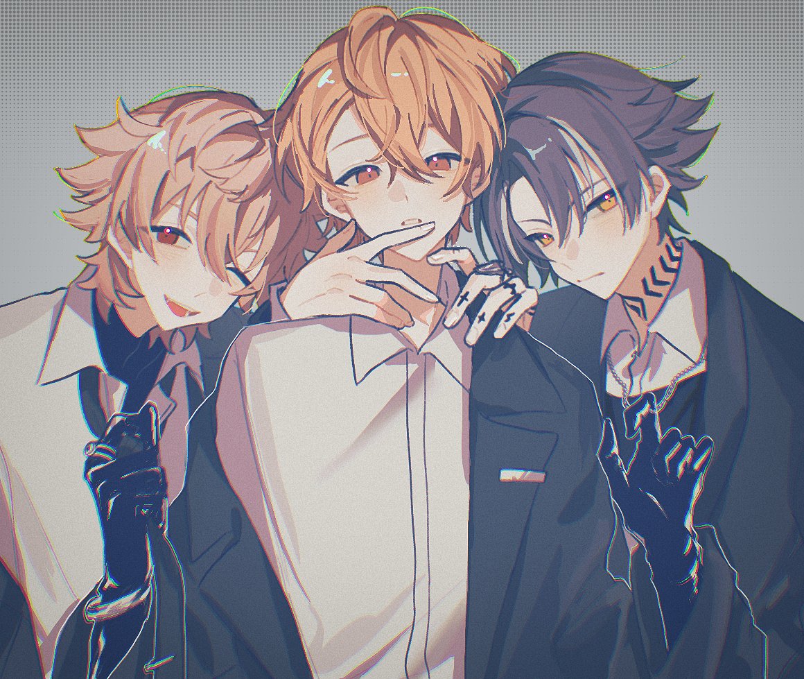 1nm8_(paradox_live), 3boys, black_gloves, black_hair, black_jacket, closed_mouth, collared_shirt, gloves