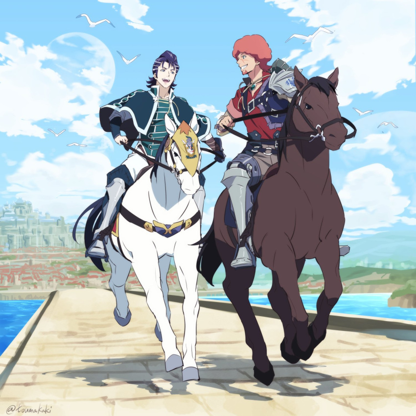 2boys, afro, armor, black_hair, blue_sky, capelet, dark-skinned_male, dark_skin