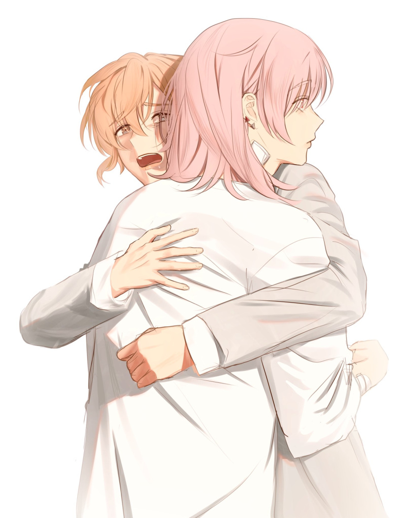 2boys, bandaid, bandaid_on_neck, crying, crying_with_eyes_open, expressionless, grey_jacket, highres