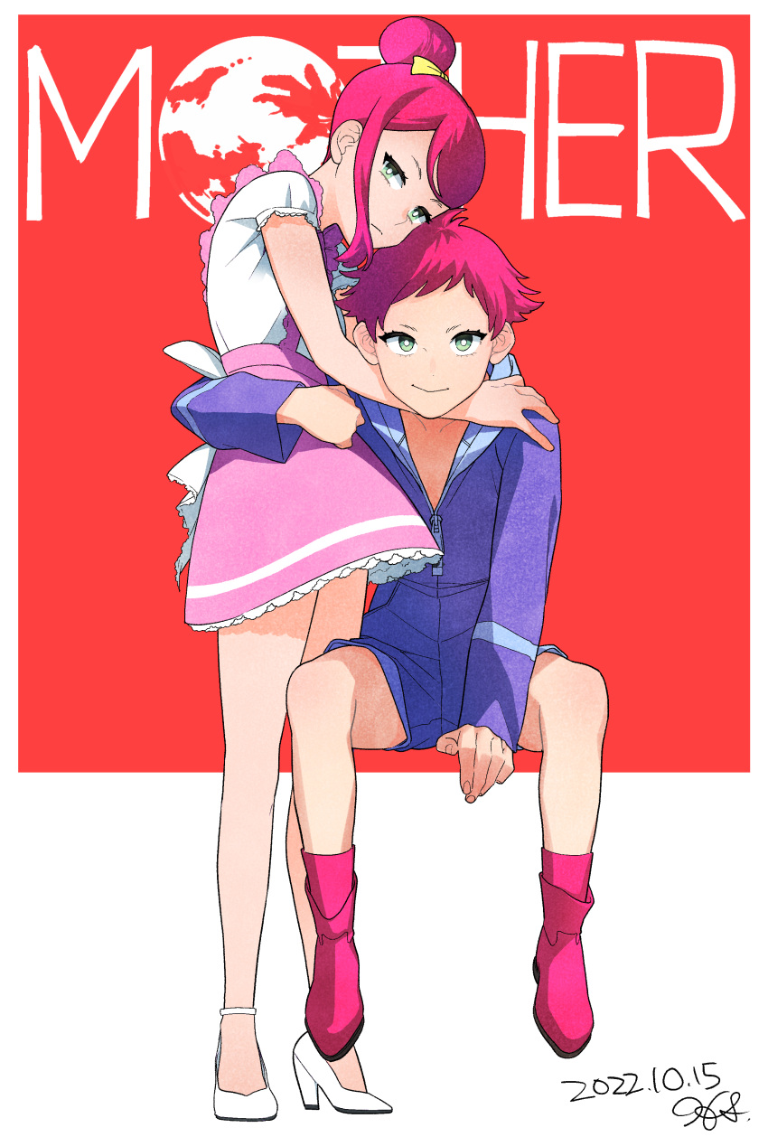 2girls, absurdres, blue_eyes, closed_mouth, copyright_name, dated, dress, dual_persona