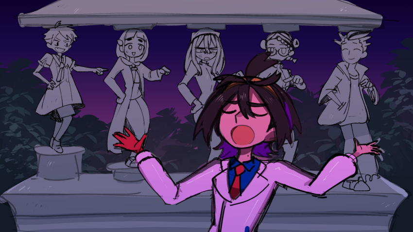 1boy, 3boys, 3girls, amarys_(pokemon), black_hair, blue_shirt, carmine_(pokemon), closed_eyes