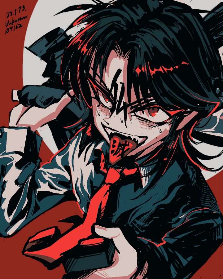 1boy, artist_name, black_hair, black_jacket, collared_shirt, commentary_request, controller, dated, forehead_writing, grey_shirt, holding, holding_clothes, holding_jacket, holding_remote_control, ichijou_seiya, jacket, kaiji, limited_palette, long_hair, long_sleeves, looking_at_viewer, male_focus, medium_bangs, necktie, open_mouth, parted_bangs, red_background, red_eyes, red_necktie, remote_control, shirt, smile, solo, teeth, tongue, tongue_out, tongue_writing, translation_request, two-tone_background, unknown03162, unworn_jacket, upper_body, upper_teeth_only, white_background
