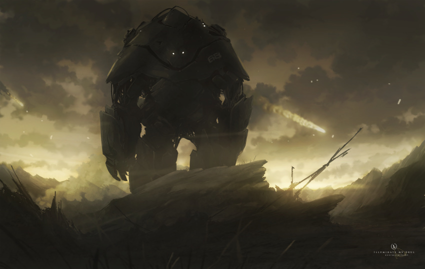 clouds, commentary, glowing, highres, keepwalking07, meteor, mountain, no_humans