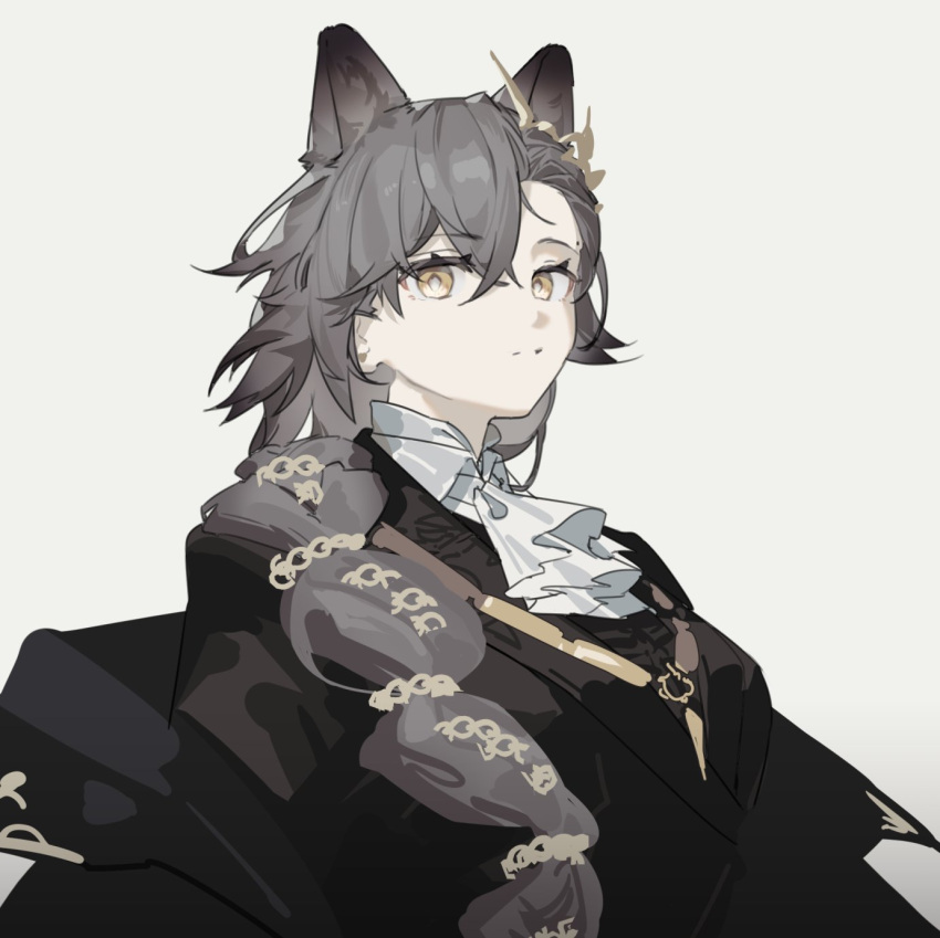 1girl, accessories, animal_ears, arknights, ascot, black_shirt, blank_stare, braid, chain, commentary, grey_background, grey_hair, hair_ornament, highres, jewelry, looking_at_viewer, omochi_kuitai, penance_(arknights), shirt, solo, symbol-only_commentary, wolf_ears, wolf_girl, yellow_eyes