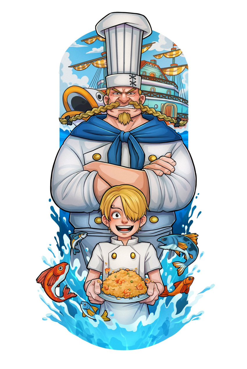 2boys, aged_down, ascot, beard, black_eyes, blonde_hair, blue_ascot, braid