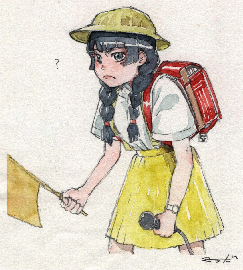 1girl, ?, backpack, bag, black_eyes, black_hair, braid, closed_mouth, commentary, cosplay, cropped_legs, flag, frown, hair_over_shoulder, hat, highres, holding, holding_flag, holding_microphone, hunched_over, long_hair, looking_at_viewer, low_twin_braids, microphone, mokobo_(motbtkt), nijisanji, painting_(medium), randoseru, red_bag, school_hat, signature, simple_background, skirt, solo, suspender_skirt, suspenders, symbol-only_commentary, togawa_jun, togawa_jun_(cosplay), traditional_media, tsukino_mito, twin_braids, v-shaped_eyebrows, virtual_youtuber, watch, watch, watercolor_(medium), yellow_headwear, yellow_skirt