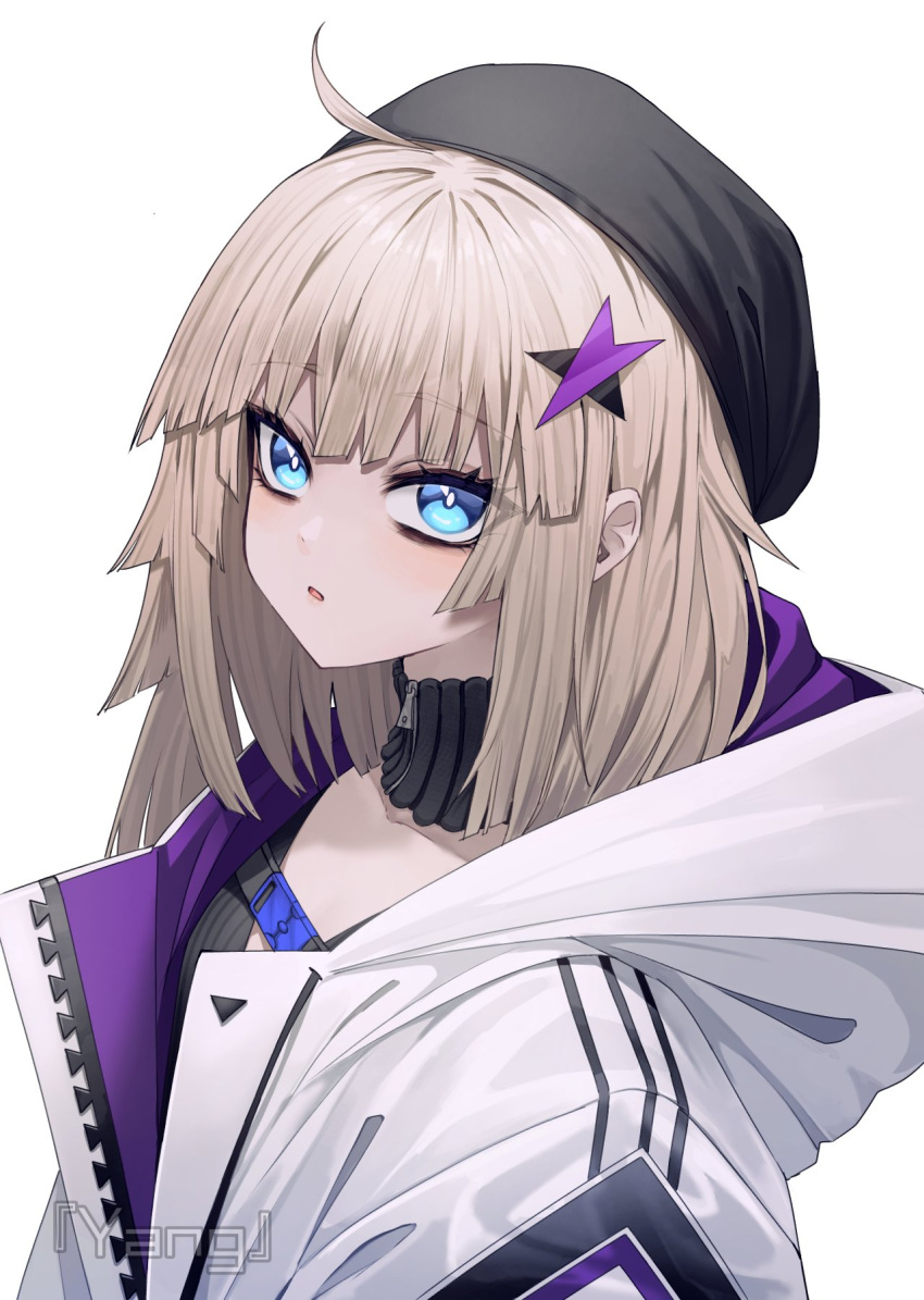 1girl, aa-12_(girls'_frontline), ahoge, artist_name, bags_under_eyes, beret, black_headwear, blue_eyes
