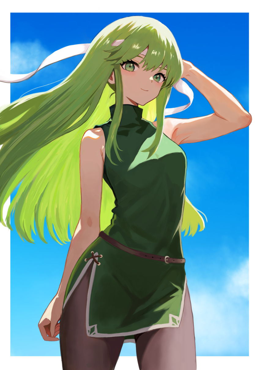1girl, absurdres, armpits, bare_shoulders, closed_mouth, dress, eyelashes, fire_emblem, fire_emblem:_mystery_of_the_emblem, green_dress, green_eyes, green_hair, headband, highres, long_hair, looking_at_viewer, palla_(fire_emblem), pantyhose, sidelocks, sleeveless, sleeveless_dress, smile, solo, white_headband, yuurururun
