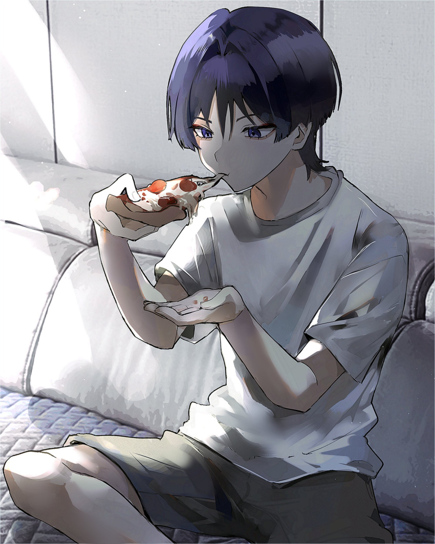 1boy, absurdres, alternate_costume, black_hair, cheese_trail, commentary, couch, eating