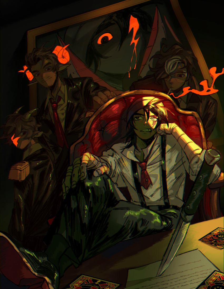 4boys, black_eyes, black_hair, black_suit, brown_coat, brown_hair, card, chair